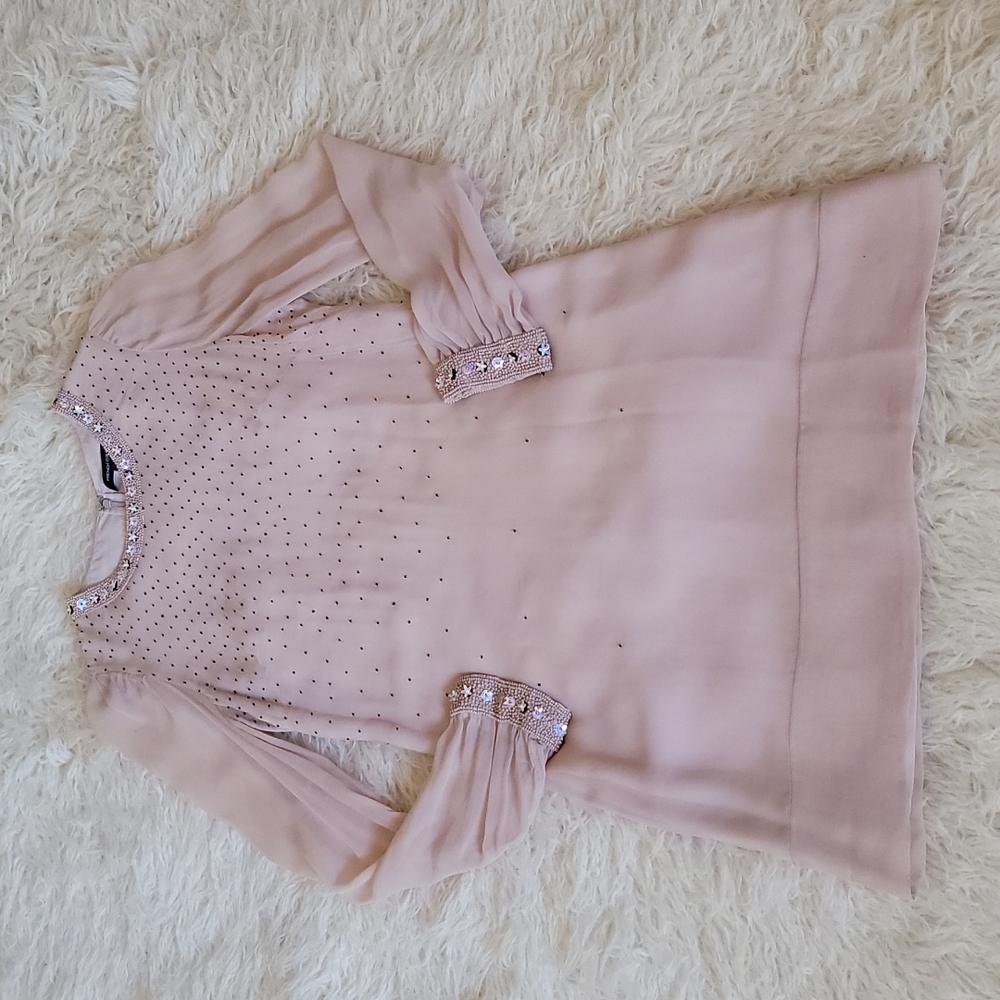 French Connection Embellished Silk Beaded Sheer Long Sleeve Mini Dress $248